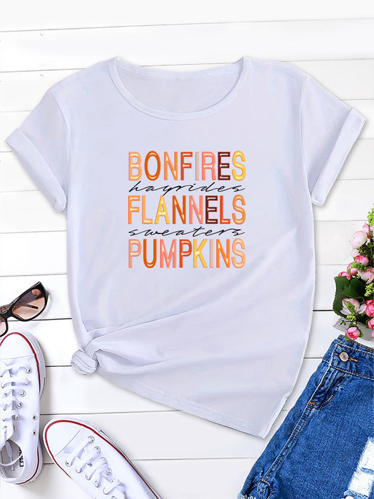 Bonfires Flannels Pumpkins  Print Sweatshirt, Casual Long Sleeve Crew Neck Sweatshirt, Women's Clothing