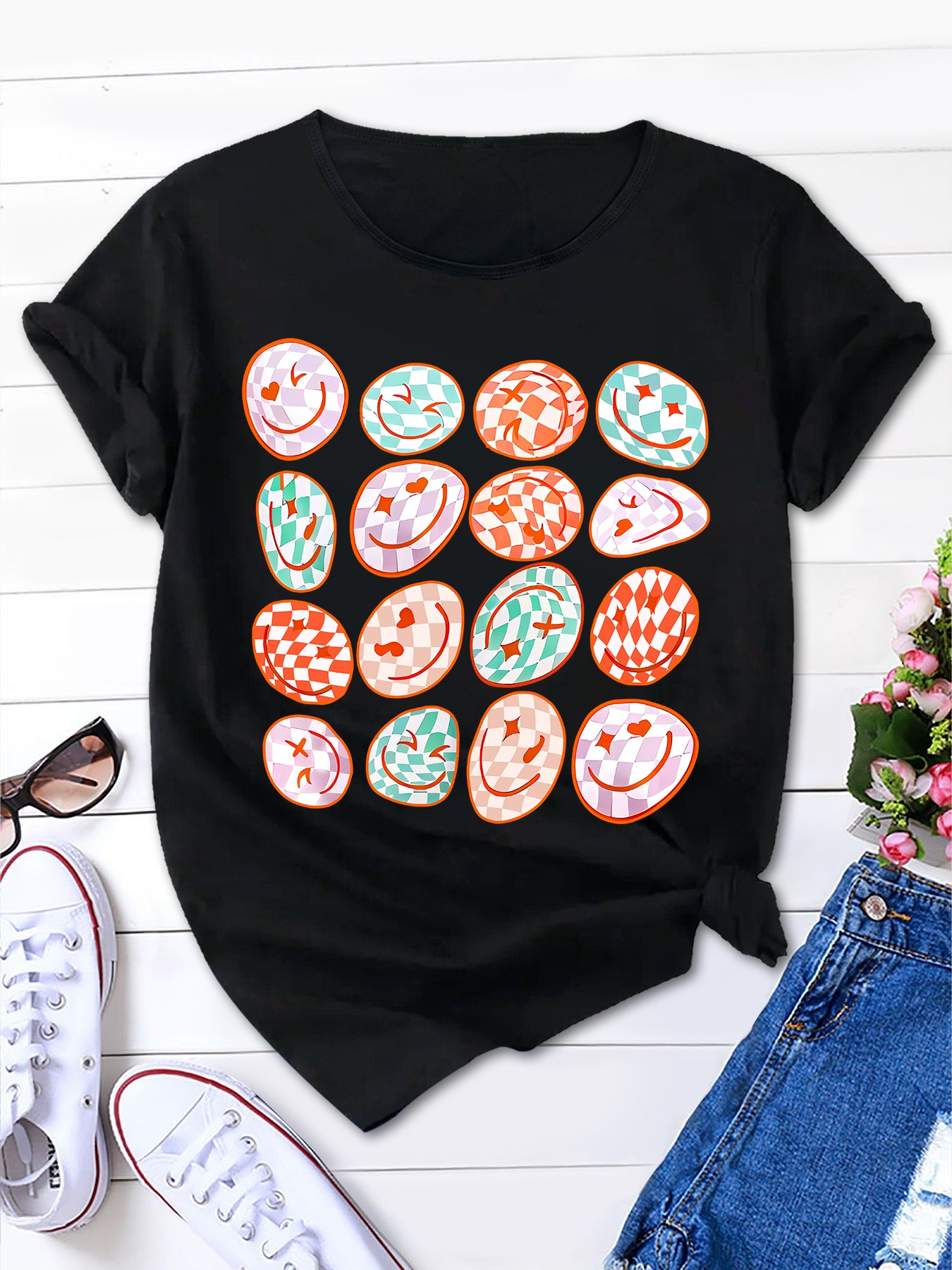 Women's Short Sleeve Tee with Smiley Face