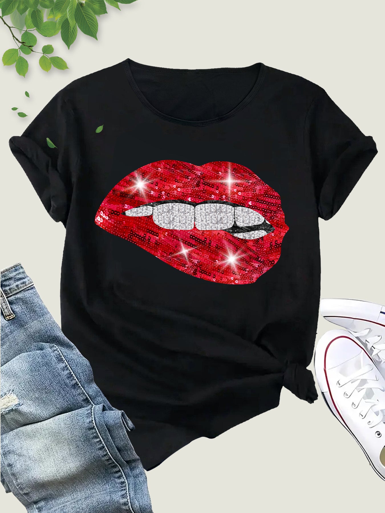 Red Lips Playtime, Flowy Short Sleeve Tee for Summer Escapades