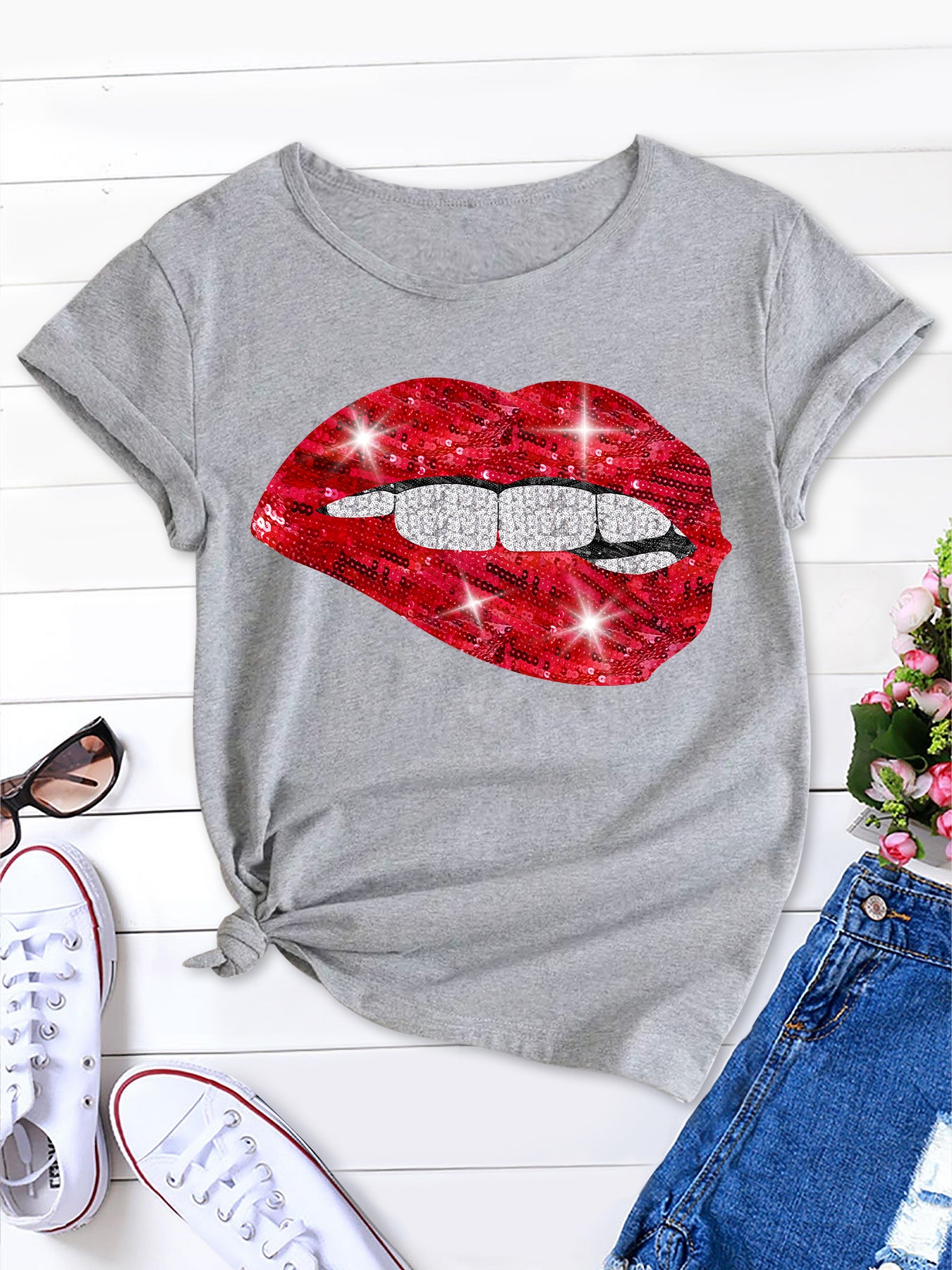 Red Lips Playtime, Flowy Short Sleeve Tee for Summer Escapades