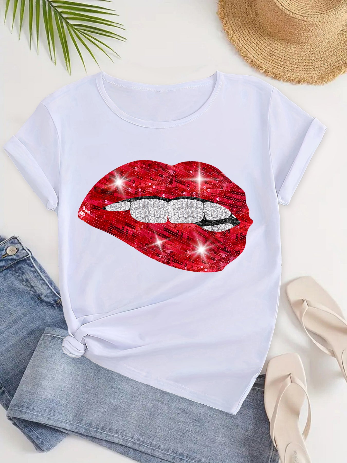 Red Lips Playtime, Flowy Short Sleeve Tee for Summer Escapades