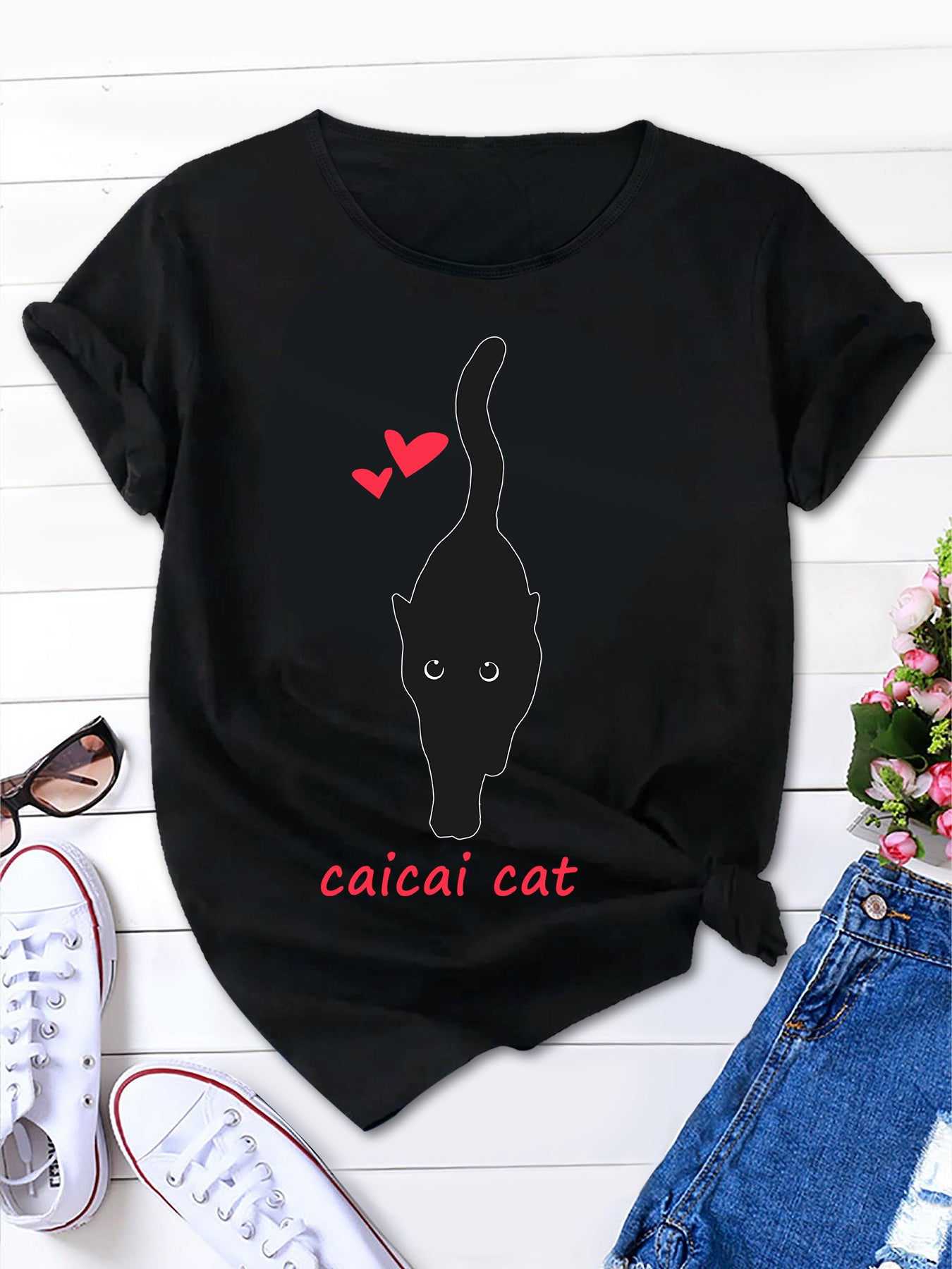 Women's Short Sleeve Tee with Black Cat Print