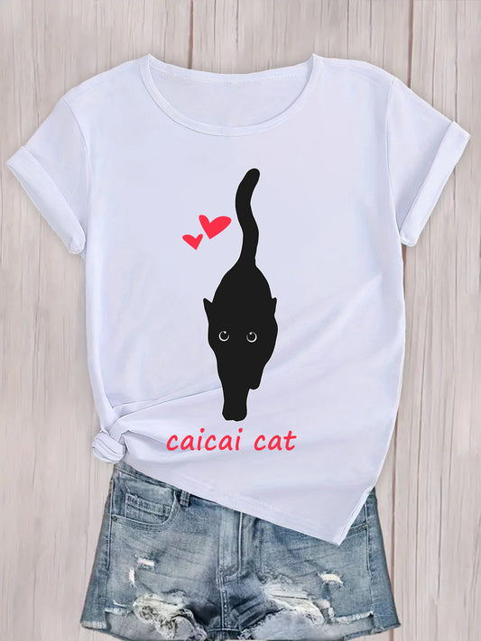 Women's Short Sleeve Tee with Black Cat Print