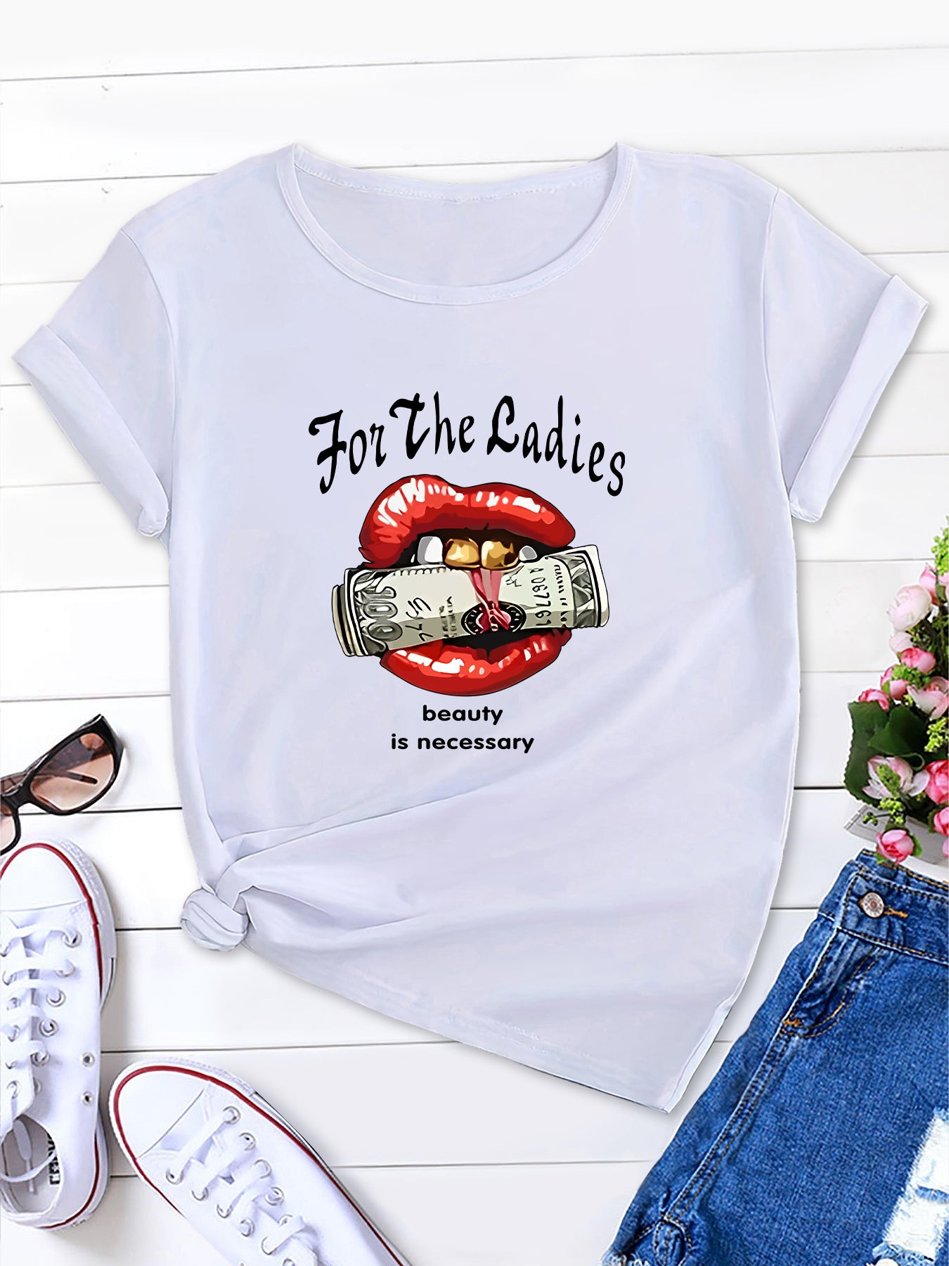 Playful Lips & Money Tee,Fun Money Lips Tee,Lipstick Money Fun Tee