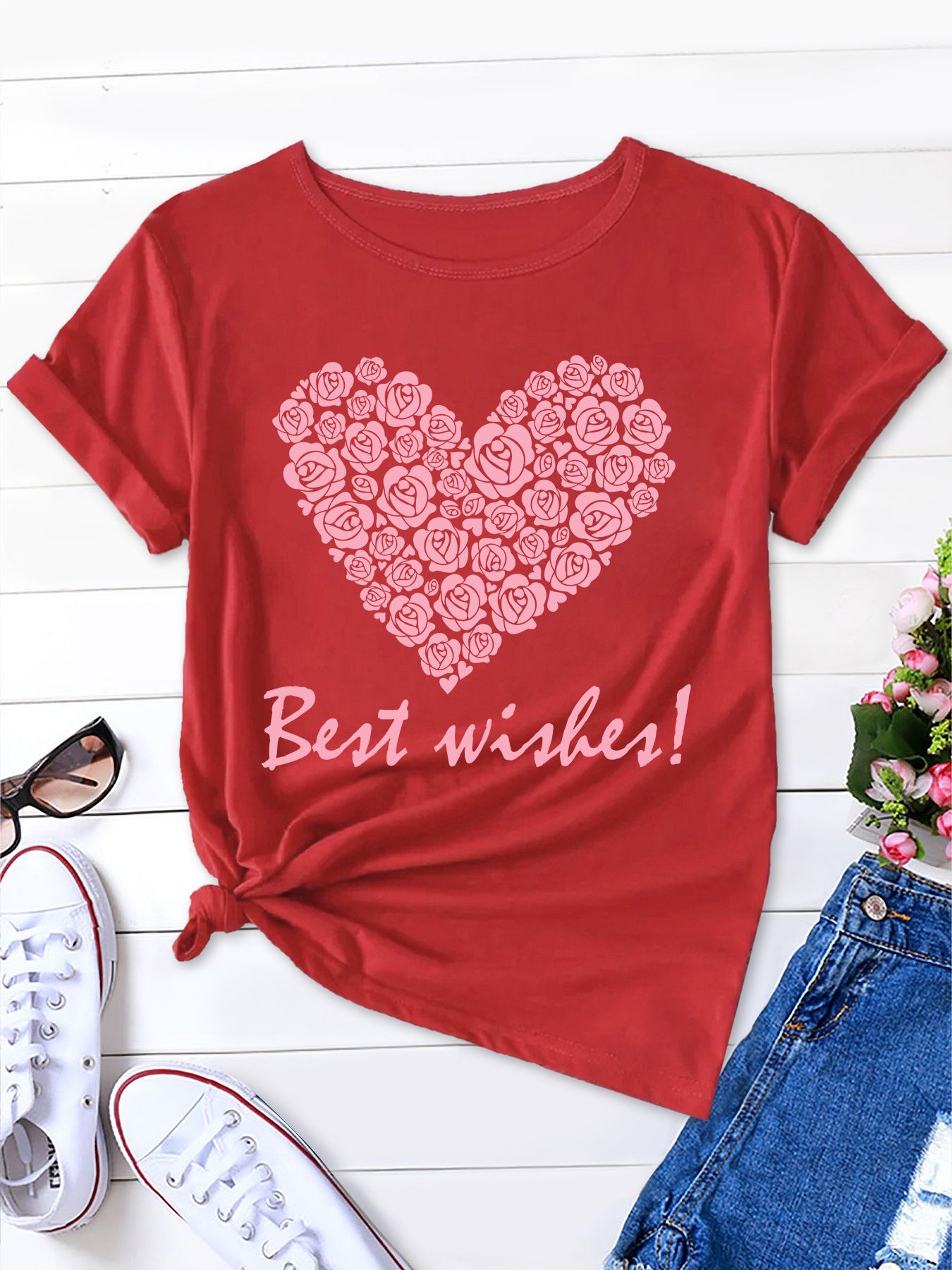 Women's Short Sleeve Tee, Rose Heart Design