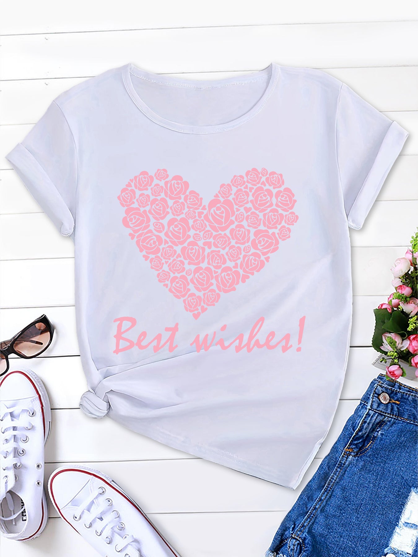 Women's Short Sleeve Tee, Rose Heart Design