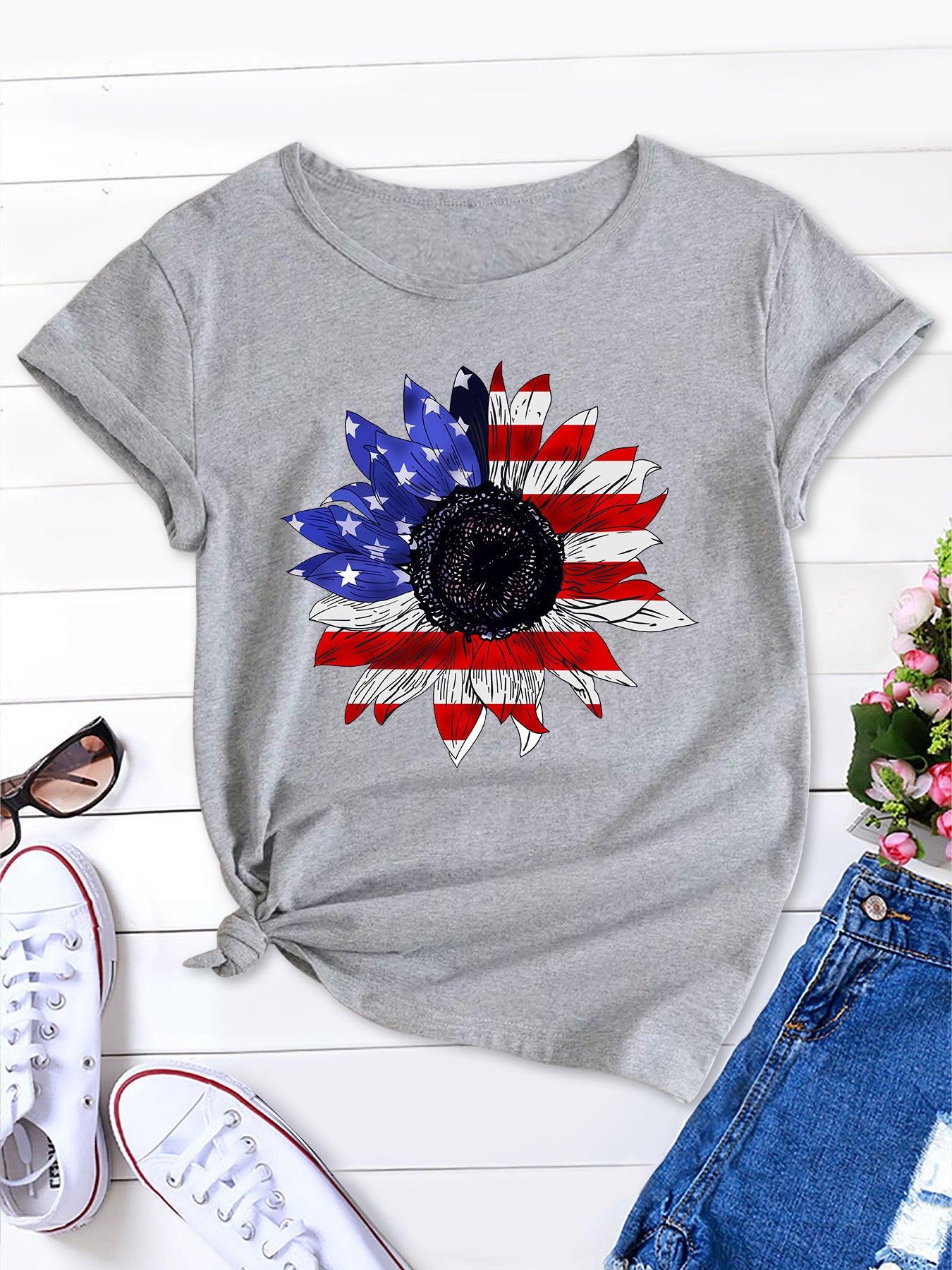 Women's Short Sleeve Tee with American Flag Design