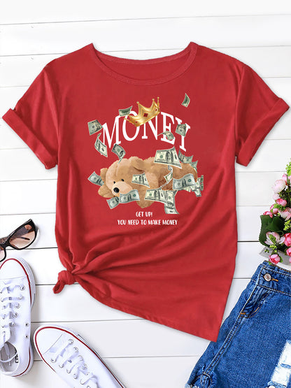 Get Up! You Need To Make Money Teddy Bear Womens Short Sleeve,Casual T-Shirt Trendy O Neck Casual Women's T-Shirt