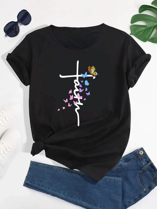 Cross & Butterfly Bliss Tee, Cross & Butterfly Women's Summer Tee,Butterfly Serenity Tee