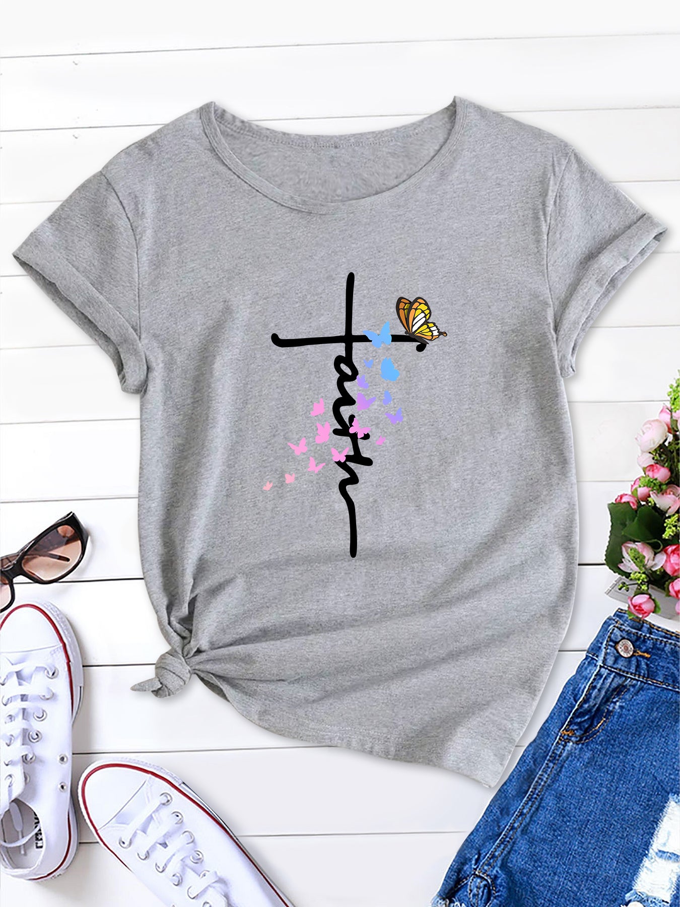 Cross & Butterfly Bliss Tee, Cross & Butterfly Women's Summer Tee,Butterfly Serenity Tee