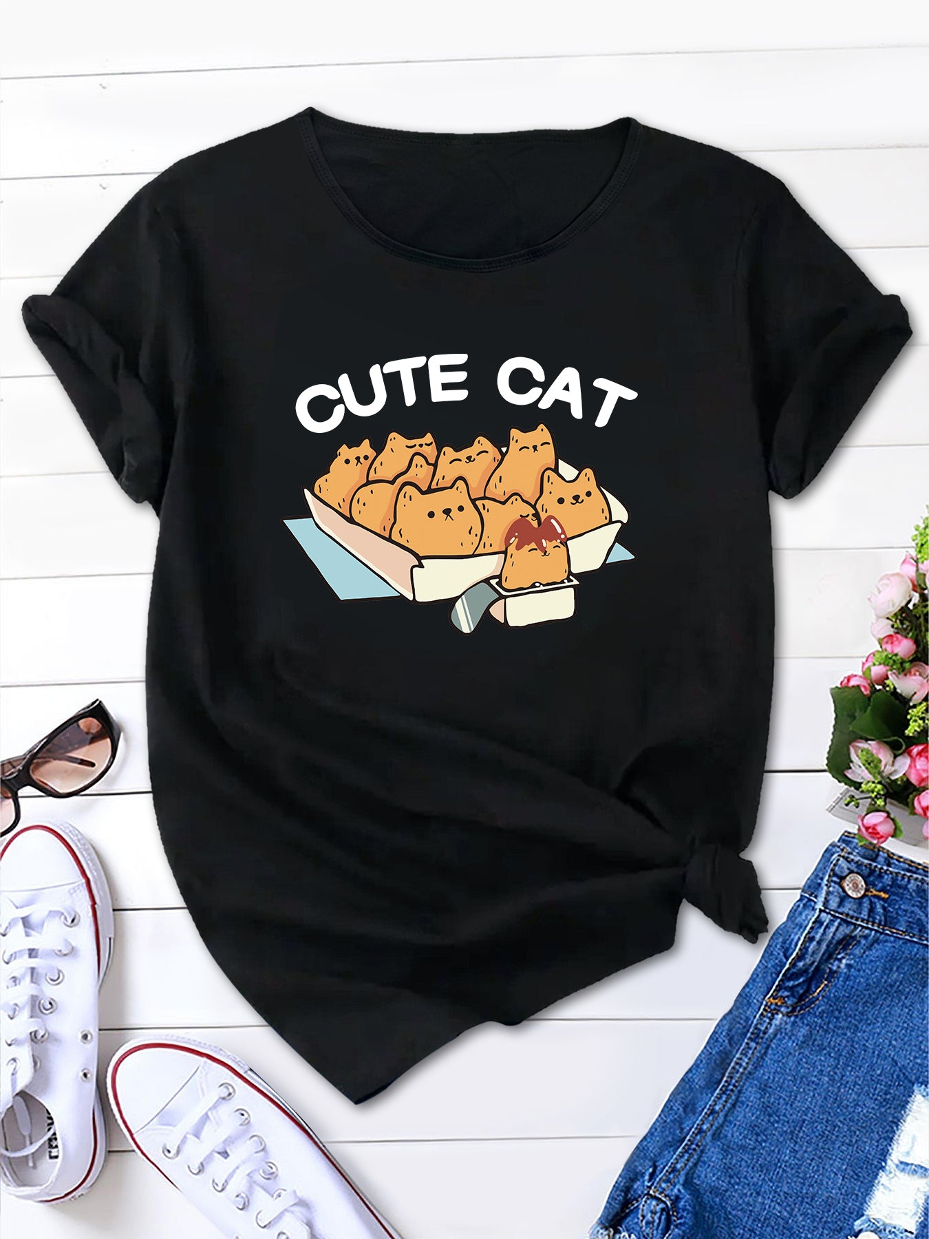 Women's New Short Sleeve T-Shirt with Cute Cat Print and CUTE CAT Lettering, Soft and Comfortable, Casual Summer Tee