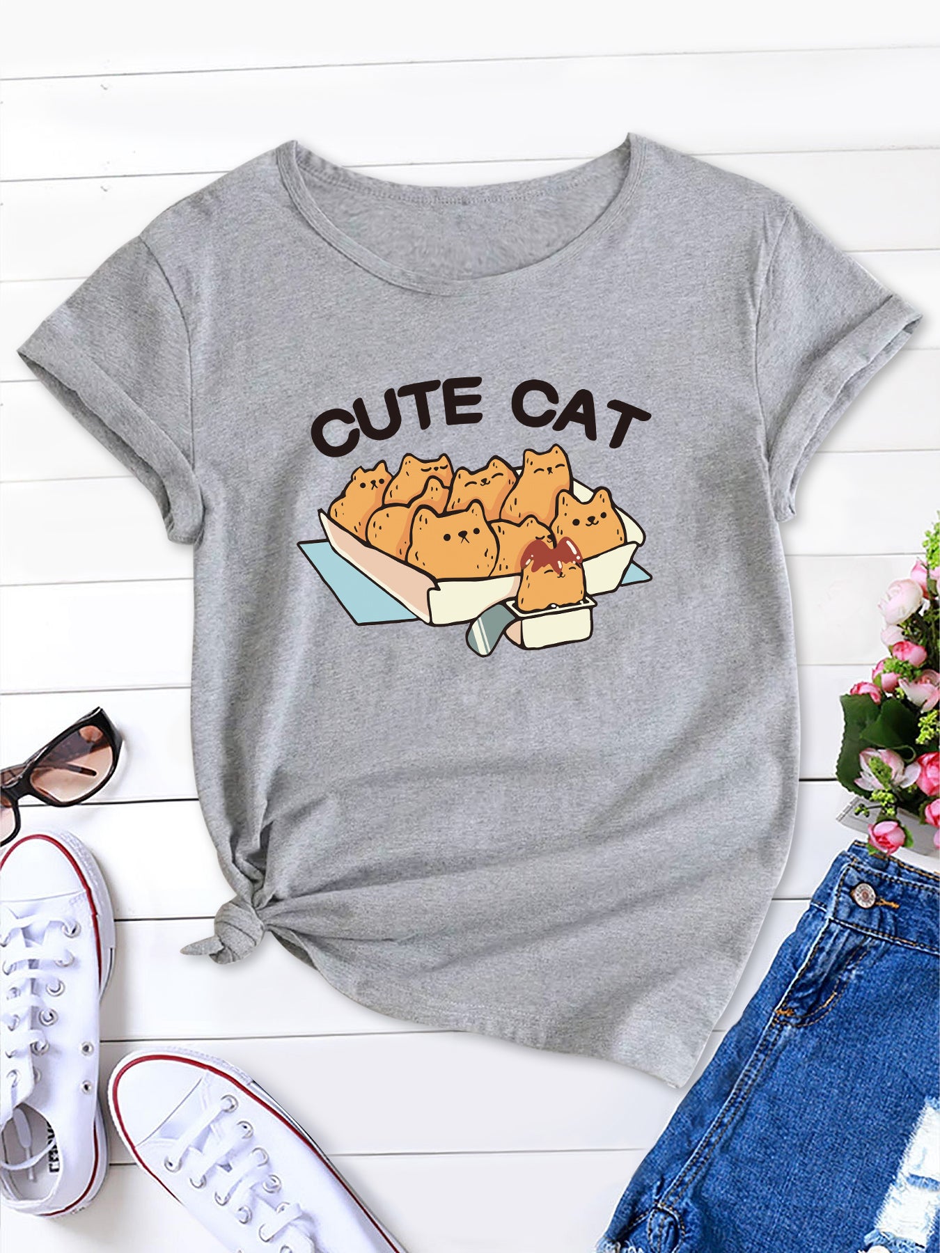 Women's New Short Sleeve T-Shirt with Cute Cat Print and CUTE CAT Lettering, Soft and Comfortable, Casual Summer Tee