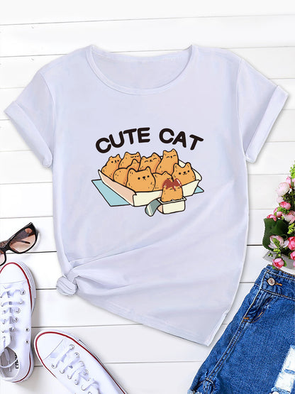 Women's New Short Sleeve T-Shirt with Cute Cat Print and CUTE CAT Lettering, Soft and Comfortable, Casual Summer Tee