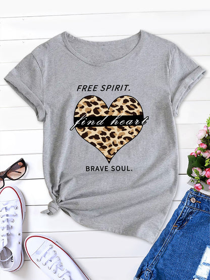 Women's New Short Sleeve T-Shirt with Leopard Heart Pattern and BRAVE SOUL Letter, Casual and Comfortable Summer Tee