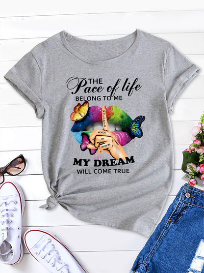 Women's New Short Sleeve T-Shirt with MY DREAM Butterfly Design - Casual and Stylish Summer Top