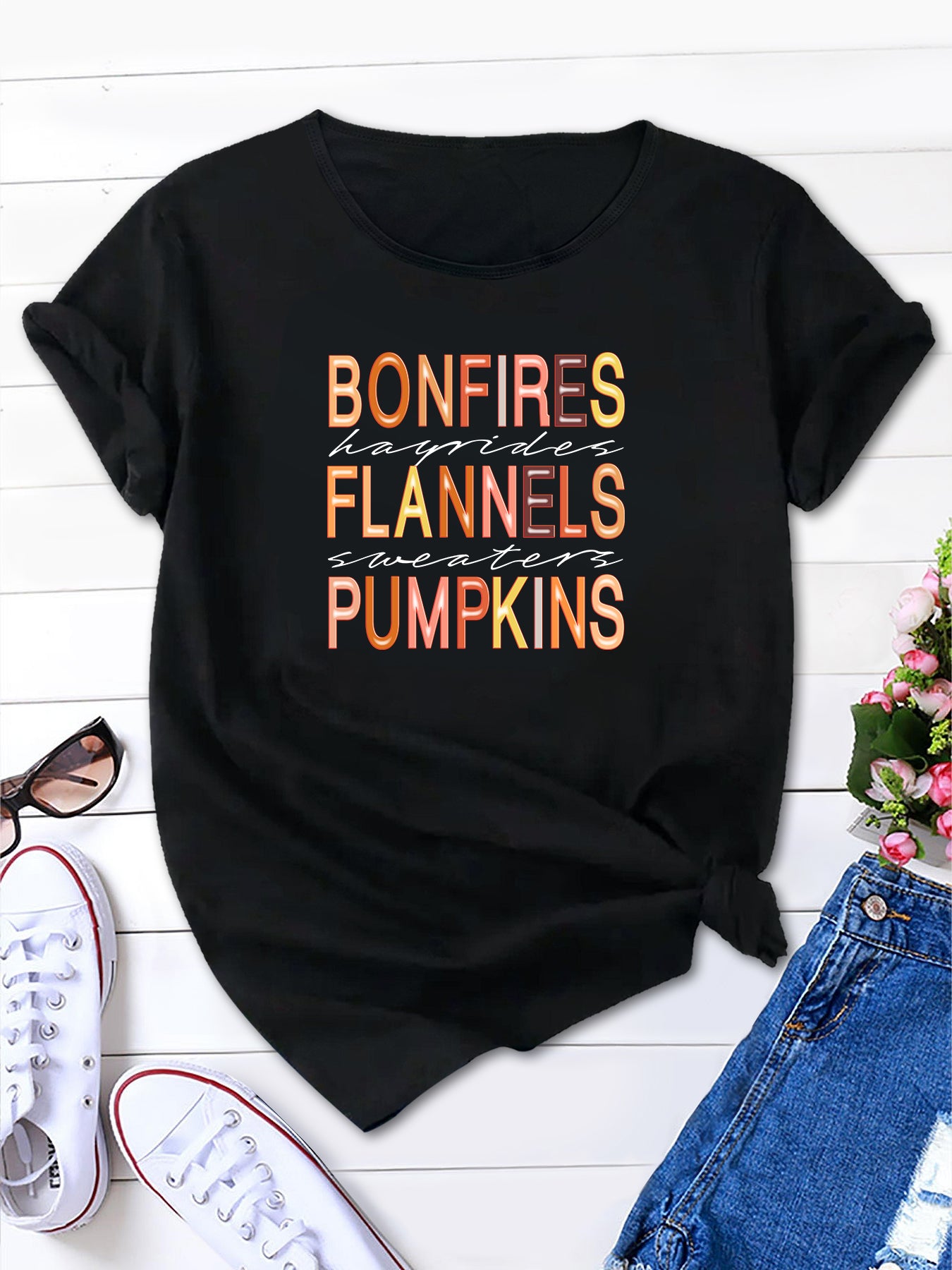 Bonfires Flannels Pumpkins  Print Sweatshirt, Casual Long Sleeve Crew Neck Sweatshirt, Women's Clothing