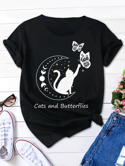 Women's New Short Sleeve T-Shirt with cats and butterflies Moon Graphic - Casual and Comfortable Summer Tee