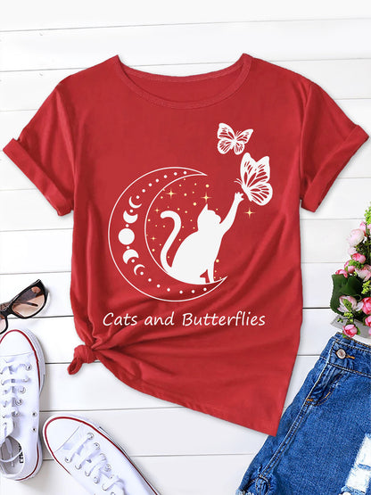 Women's New Short Sleeve T-Shirt with cats and butterflies Moon Graphic - Casual and Comfortable Summer Tee