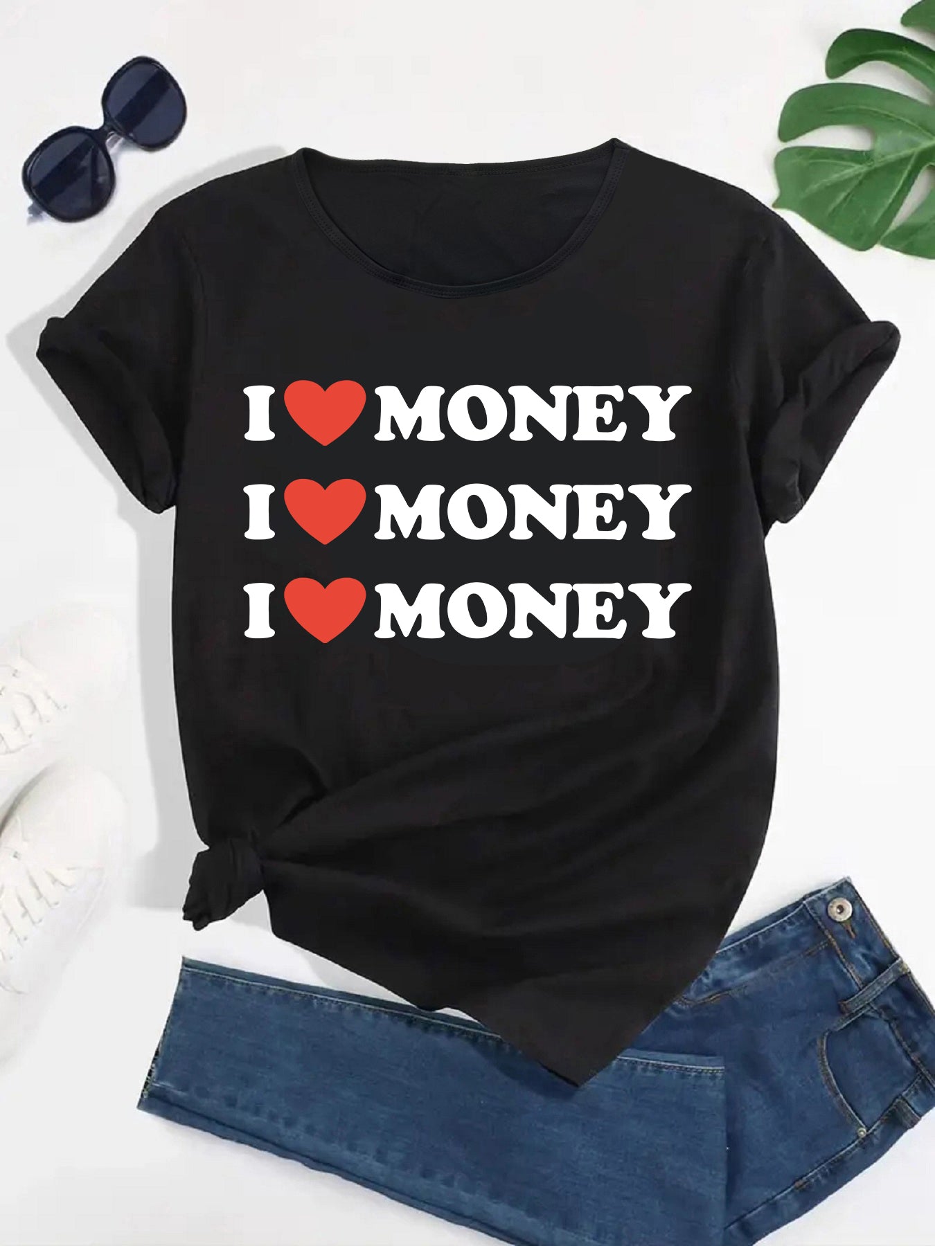 Chase Wealth in Style with our I LOVE Money Tee,Women's Short Sleeve T-shirt, Casual Comfort with Trendy Letter Print.