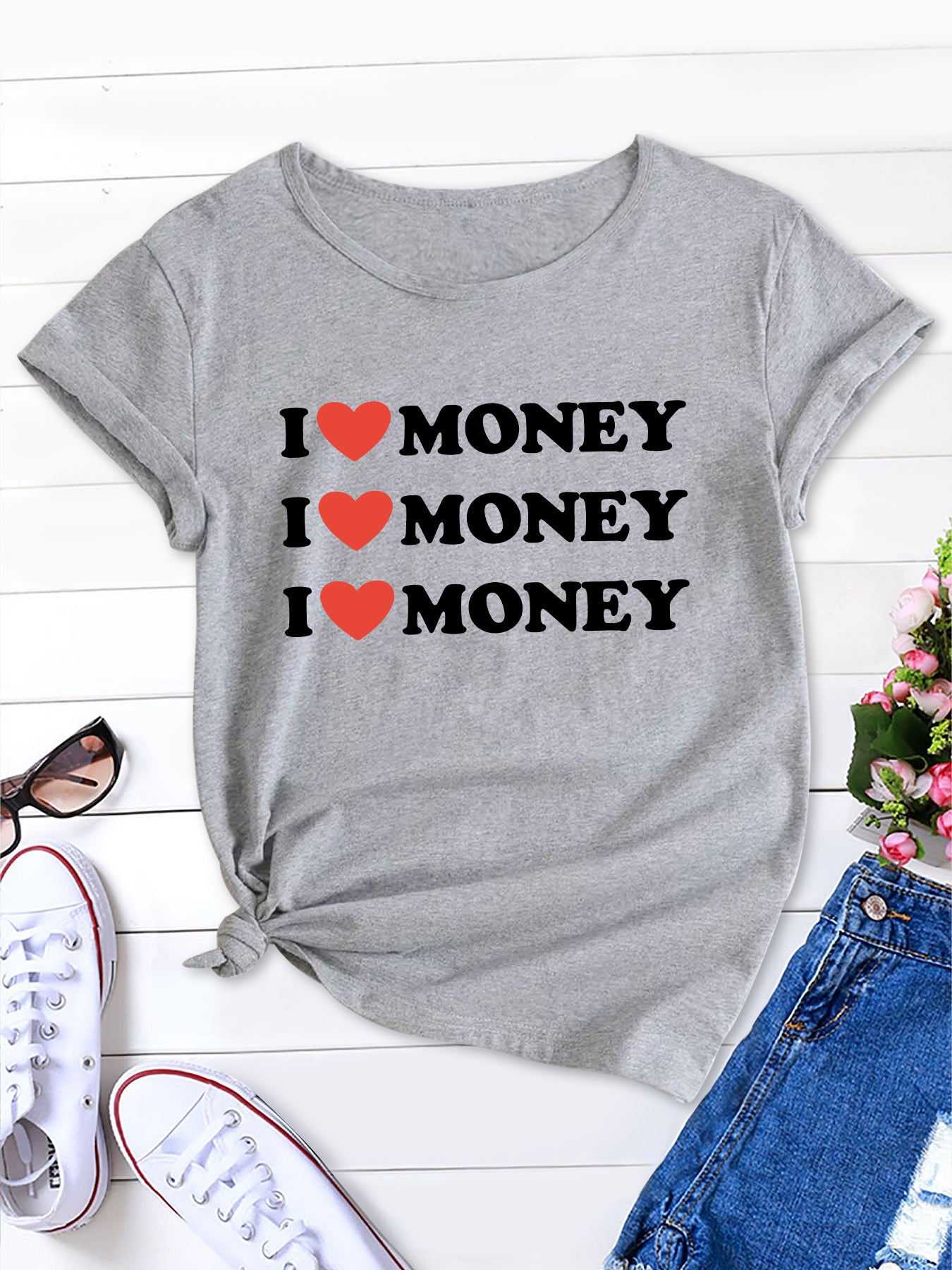 Chase Wealth in Style with our I LOVE Money Tee,Women's Short Sleeve T-shirt, Casual Comfort with Trendy Letter Print.