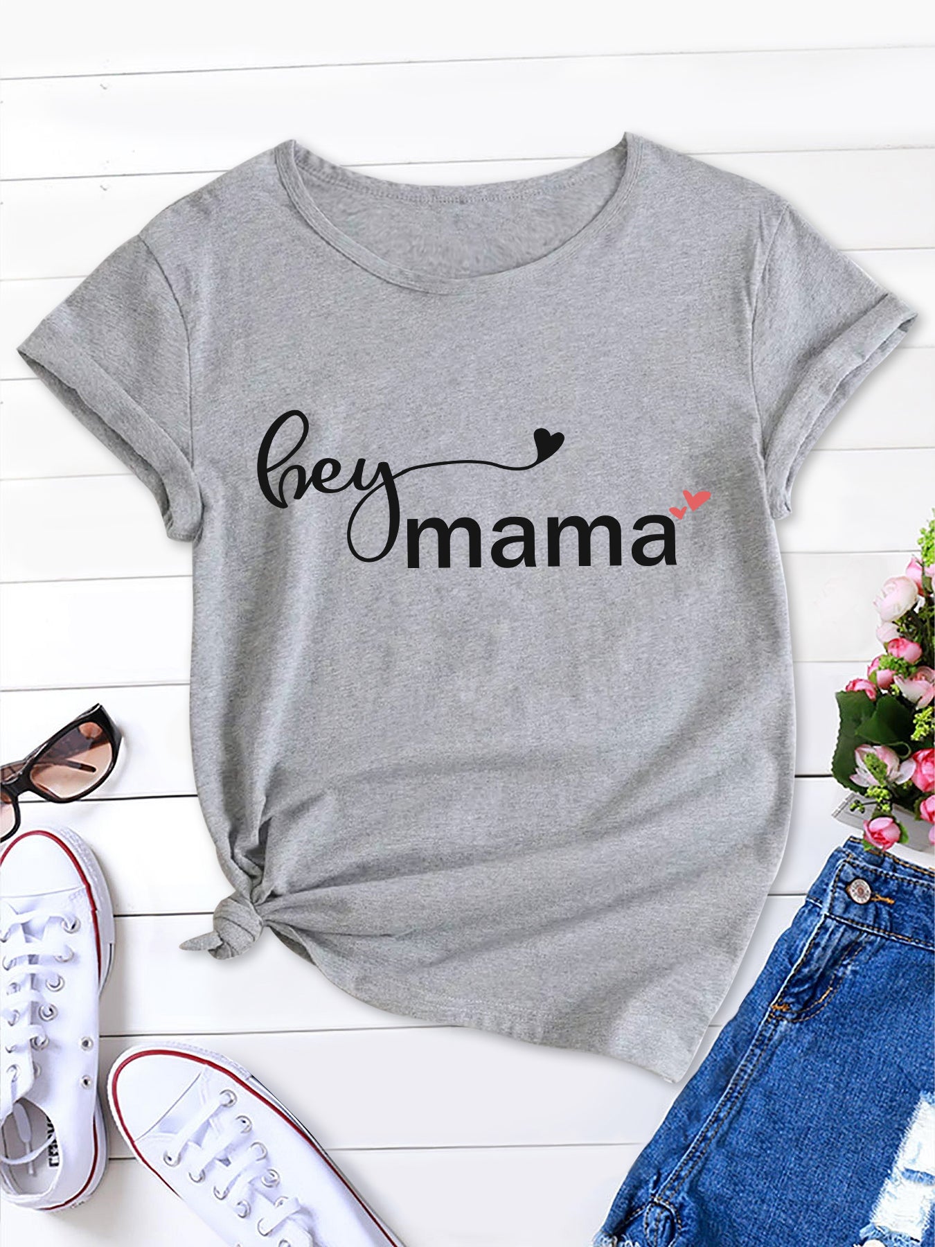 Mama Print Crew Neck Tee, Casual Comfort for Women