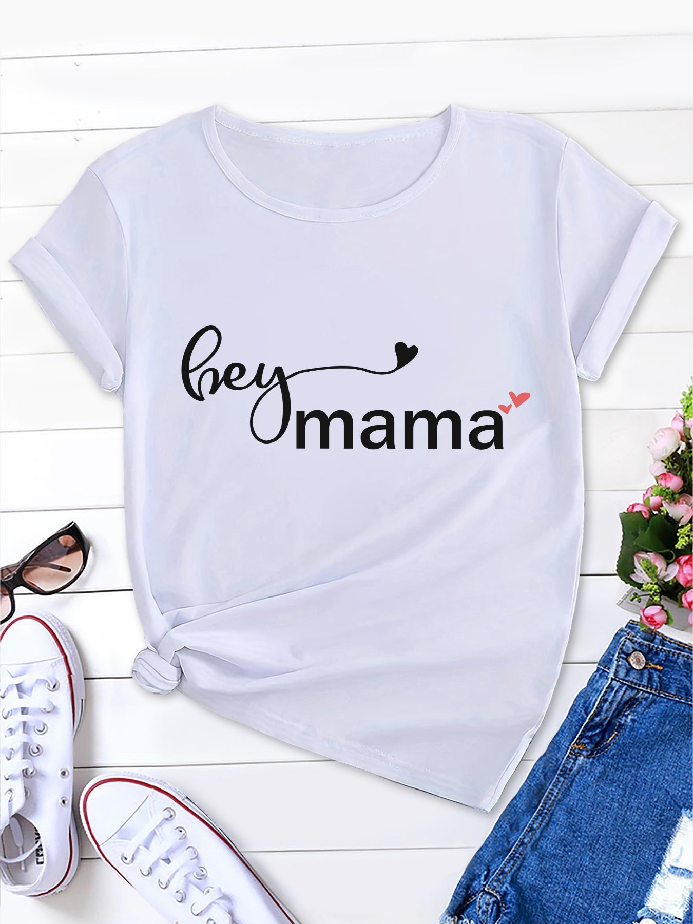 Mama Print Crew Neck Tee, Casual Comfort for Women