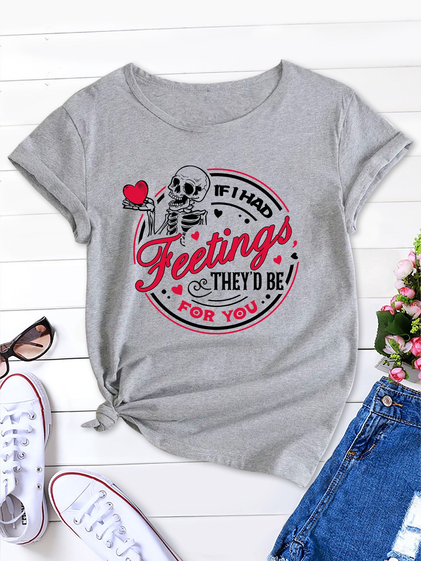 Casual DIY Skull Short Sleeve Tee, Women's Loose Fit for Spring & Summer