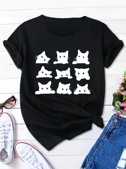 Charmingly Casual, Cartoon Cats Print Tee for Women