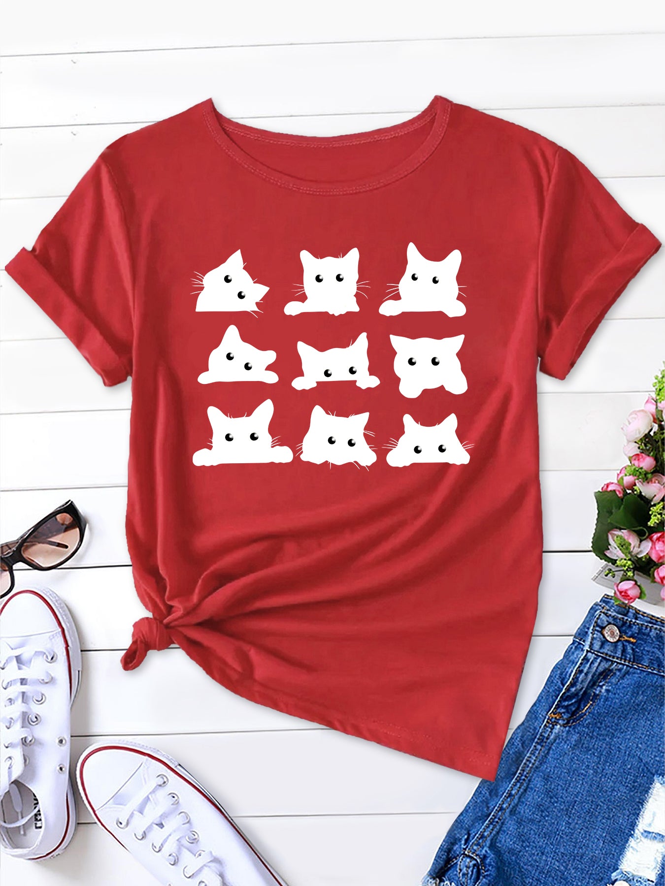 Charmingly Casual, Cartoon Cats Print Tee for Women