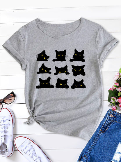 Charmingly Casual, Cartoon Cats Print Tee for Women