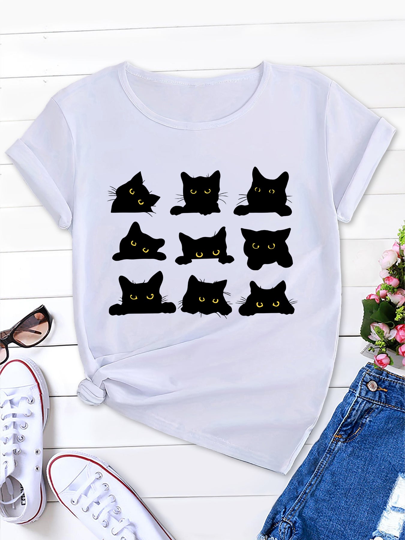 Charmingly Casual, Cartoon Cats Print Tee for Women