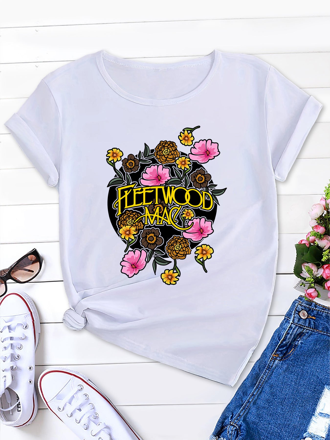 Floral Bliss, Fleetwood Mac Floral Print Casual Tee for Women