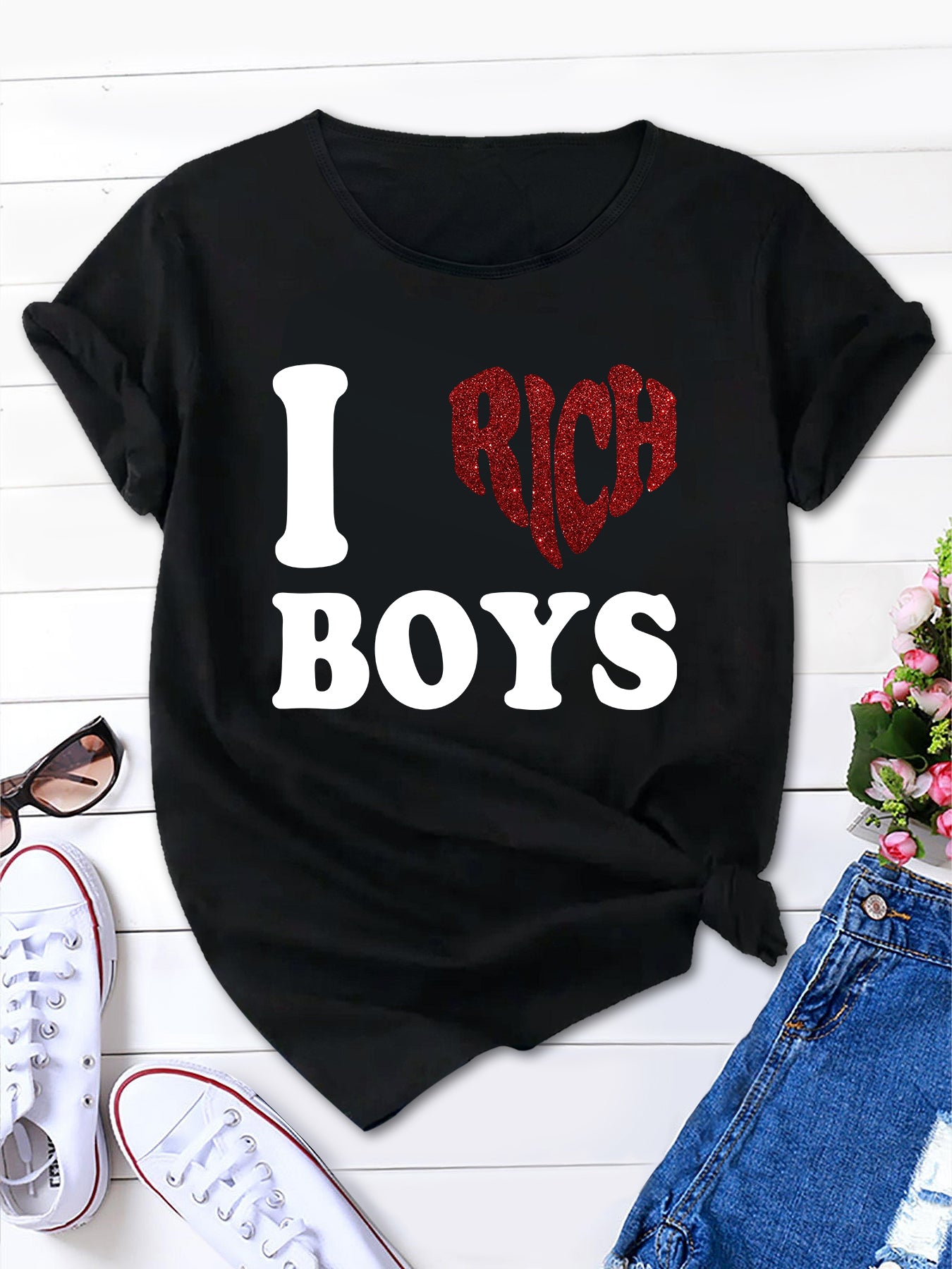 Playfully Cool, Funny Slogan I RICH BOYS and Heart Graphic Print Tee for Men