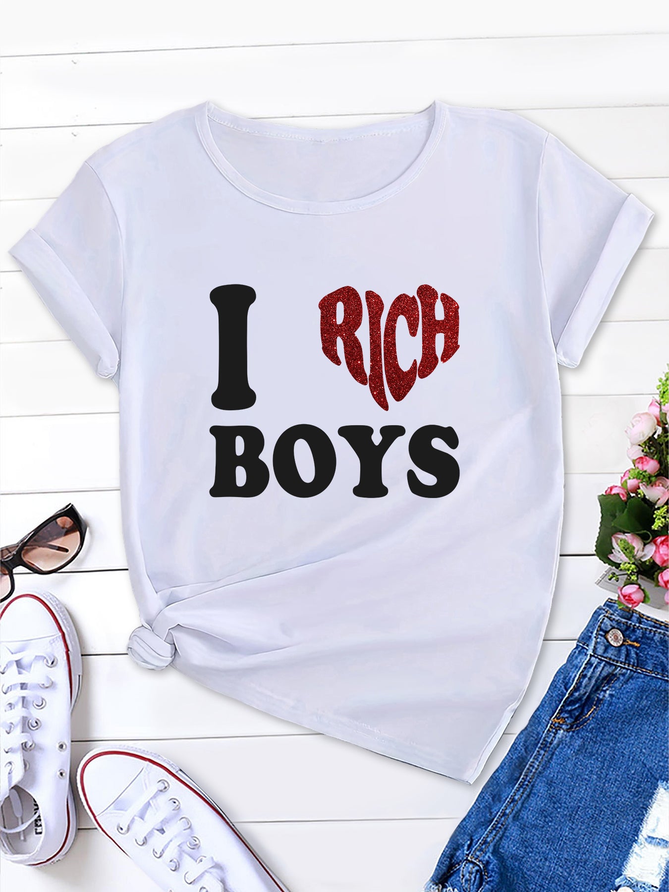 Playfully Cool, Funny Slogan I RICH BOYS and Heart Graphic Print Tee for Men