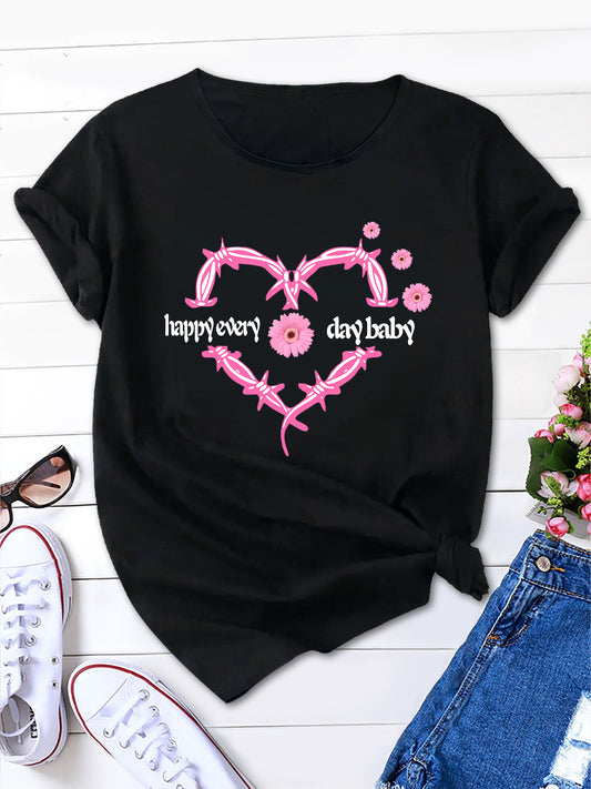 Heart & Happy Everyday Letter Print T-shirt