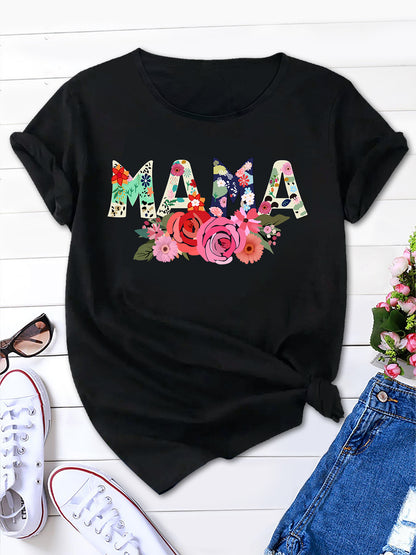 Floral & Letter MAMA Print T-Shirt，Summer Blossom MAMA Print Tee，Gift-worthy Style