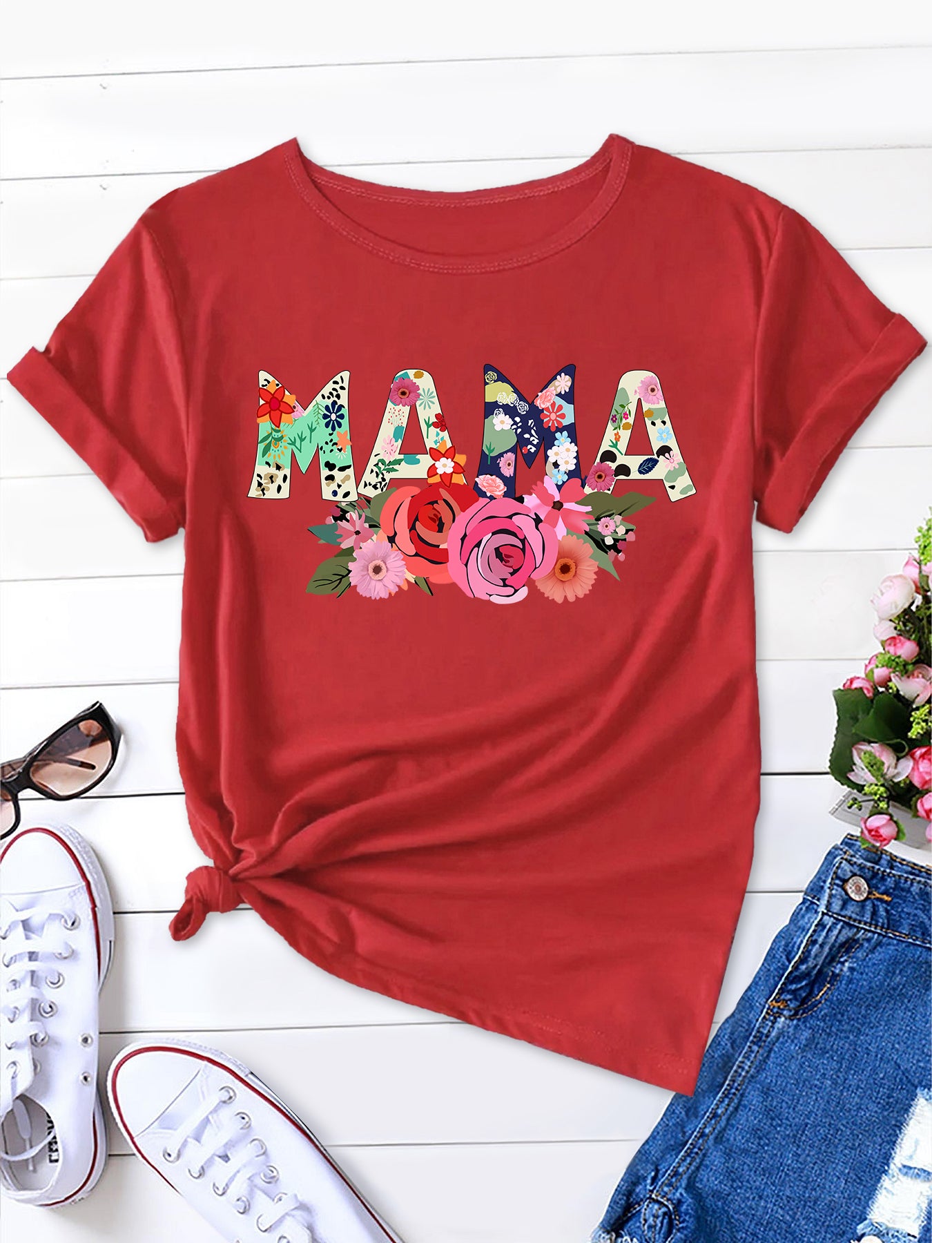 Floral & Letter MAMA Print T-Shirt，Summer Blossom MAMA Print Tee，Gift-worthy Style