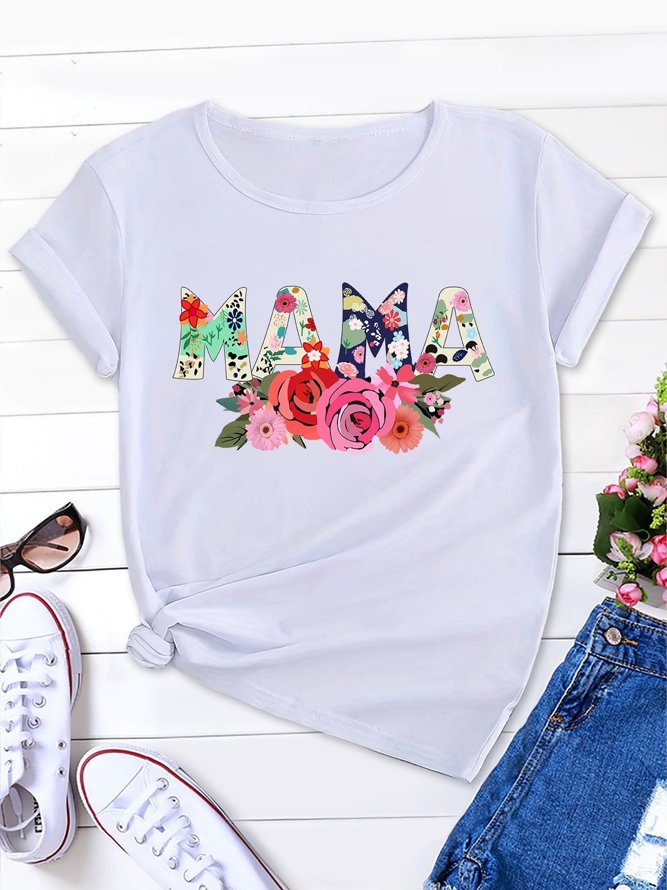 Floral & Letter MAMA Print T-Shirt，Summer Blossom MAMA Print Tee，Gift-worthy Style