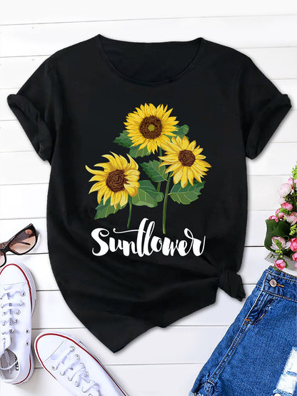 Sunflower & Slogan Print Tee, Summer Charm