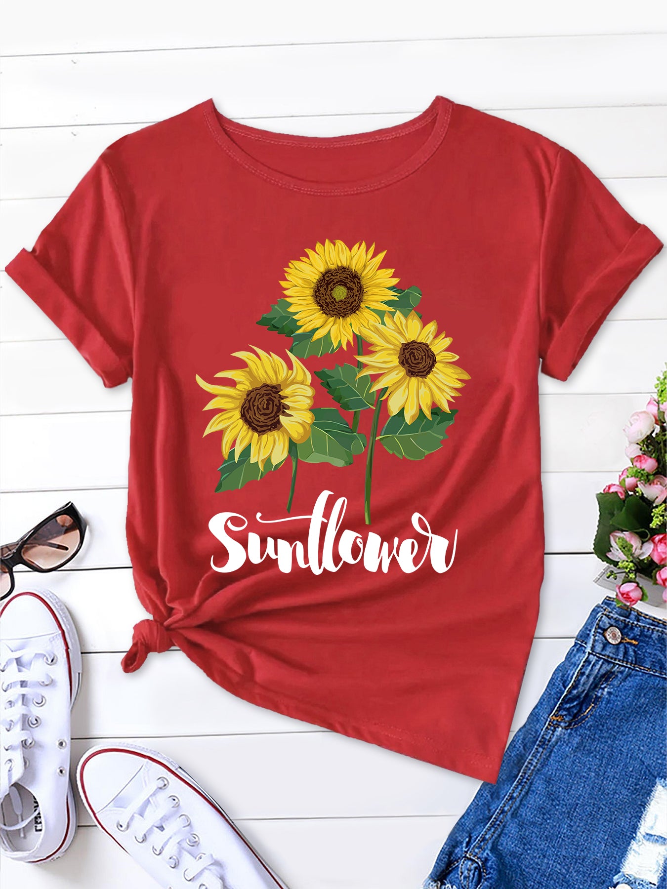 Sunflower & Slogan Print Tee, Summer Charm