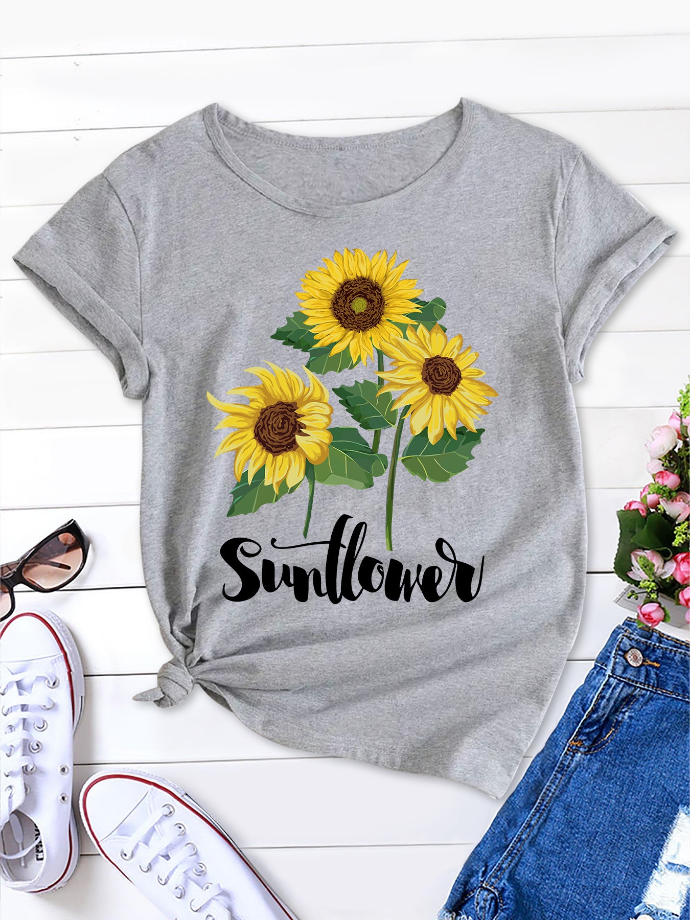 Sunflower & Slogan Print Tee, Summer Charm