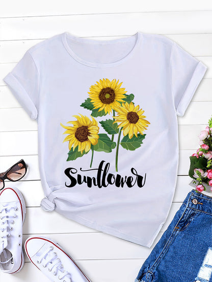 Sunflower & Slogan Print Tee, Summer Charm