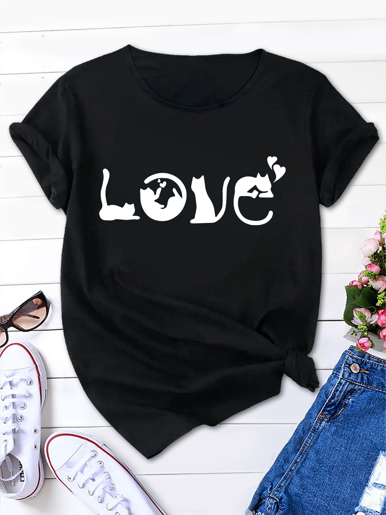 Cat Love Print Round Neck T-Shirt, Fresh & Sweet Style for Women, Short Sleeve Tee