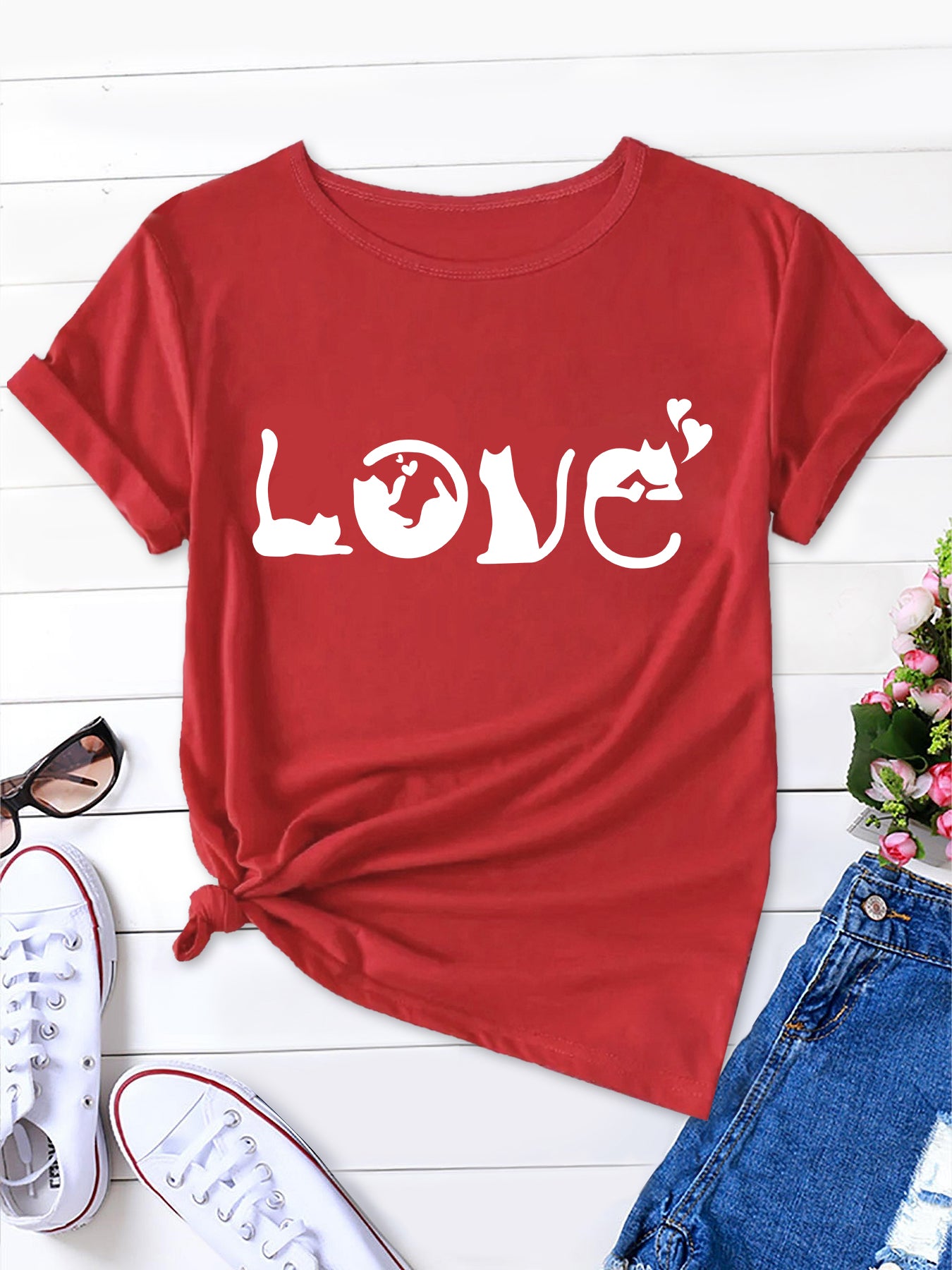 Cat Love Print Round Neck T-Shirt, Fresh & Sweet Style for Women, Short Sleeve Tee