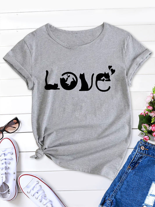 Cat Love Print Round Neck T-Shirt, Fresh & Sweet Style for Women, Short Sleeve Tee