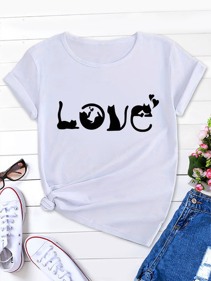 Cat Love Print Round Neck T-Shirt, Fresh & Sweet Style for Women, Short Sleeve Tee