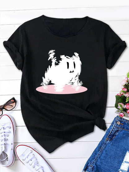 Women's Cute Cartoon Cat Print T-Shirt, Round Neck Short Sleeve Tee, Ideal for Spring & Summer