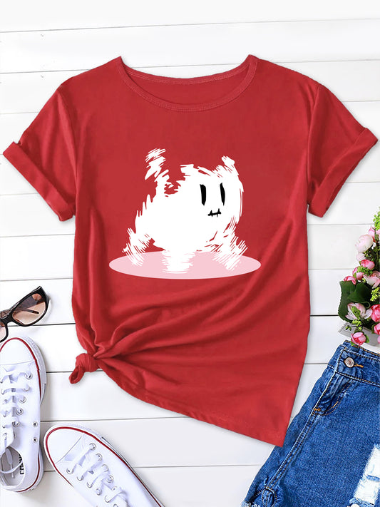 Women's Cute Cartoon Cat Print T-Shirt, Round Neck Short Sleeve Tee, Ideal for Spring & Summer