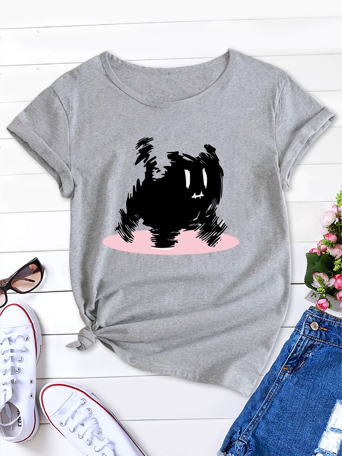 Women's Cute Cartoon Cat Print T-Shirt, Round Neck Short Sleeve Tee, Ideal for Spring & Summer