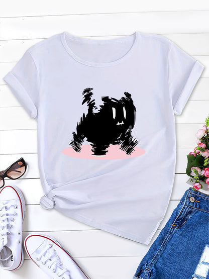 Women's Cute Cartoon Cat Print T-Shirt, Round Neck Short Sleeve Tee, Ideal for Spring & Summer